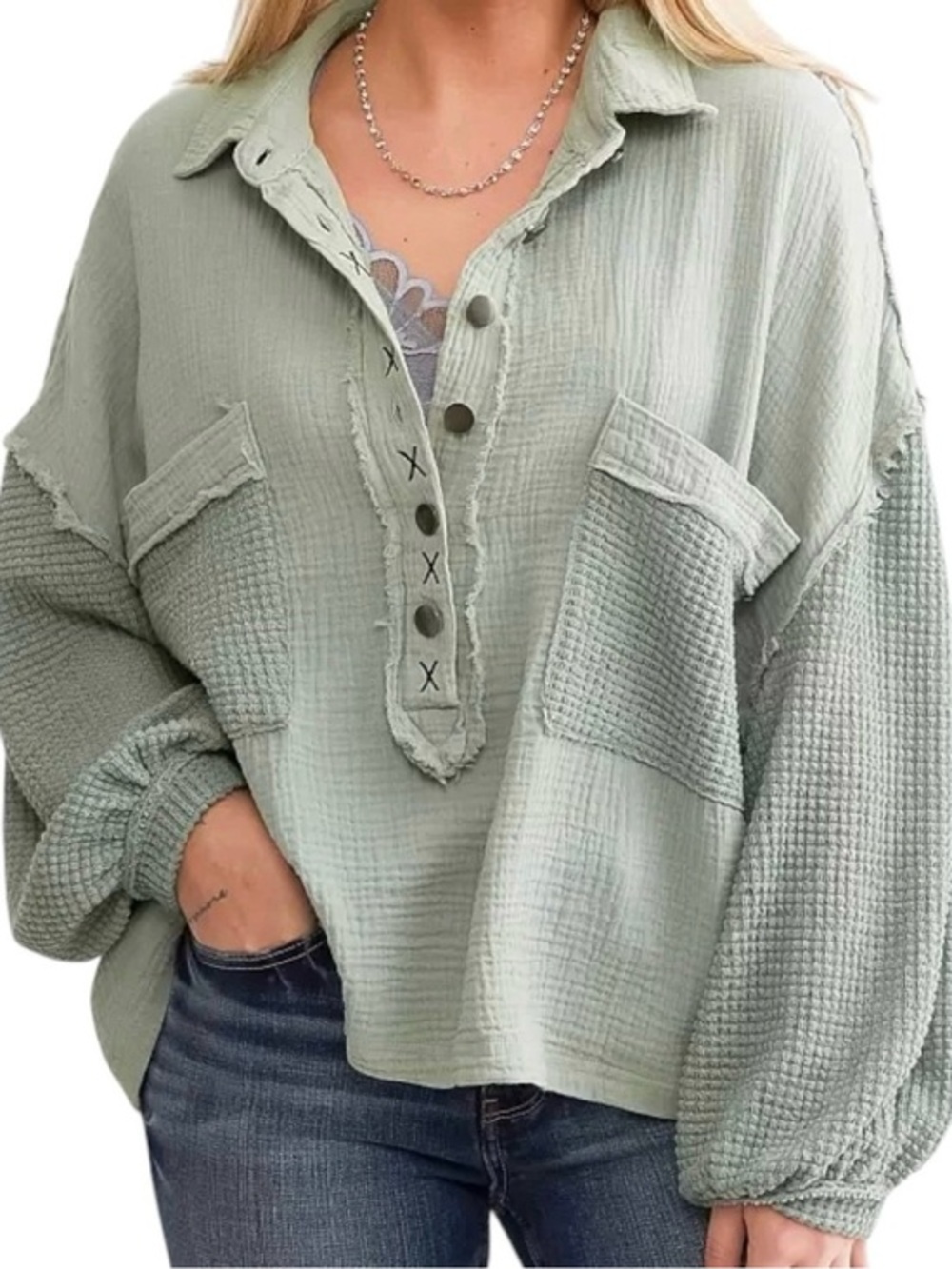 POL Olive Sage Gauzy Textured Henley Pullover Boho Balloon Sleeve Top M